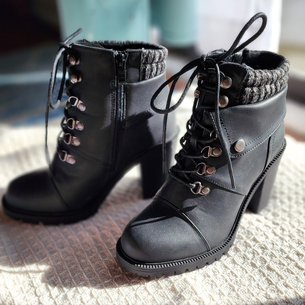 Torrid Sweater Hiker Boots - Black Faux Leather Size 8WW, Wide Calf!